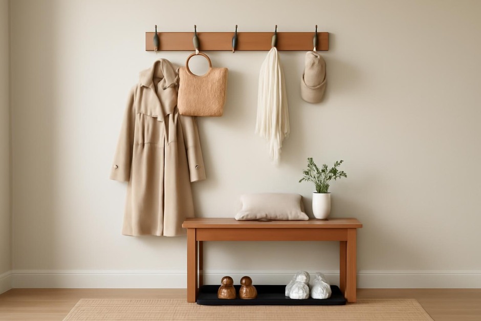 Neatly organized entryway with hooks, a small bench, and a shoe tray