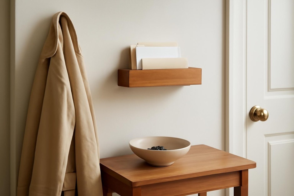 Neat entryway with bowl for keys and a small shelf for mail