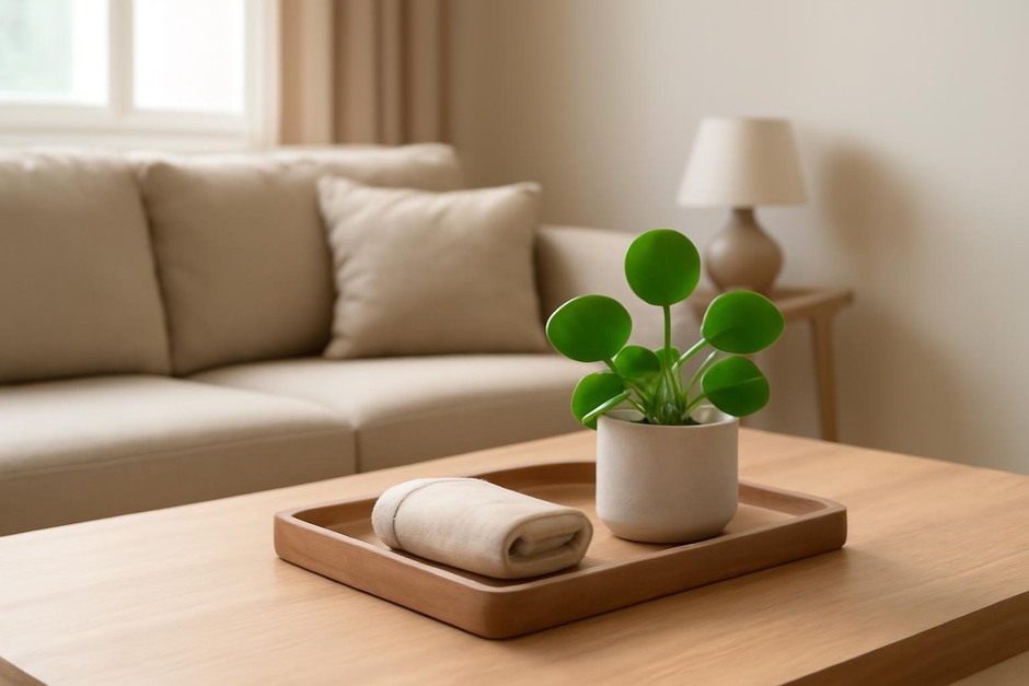 A neat living room coffee table with a small tray and a plant